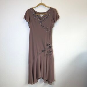 Y2K Adrianna Papell Brown Asymmetric Formal Midi Dress Womens 10 Cocktail Flowy